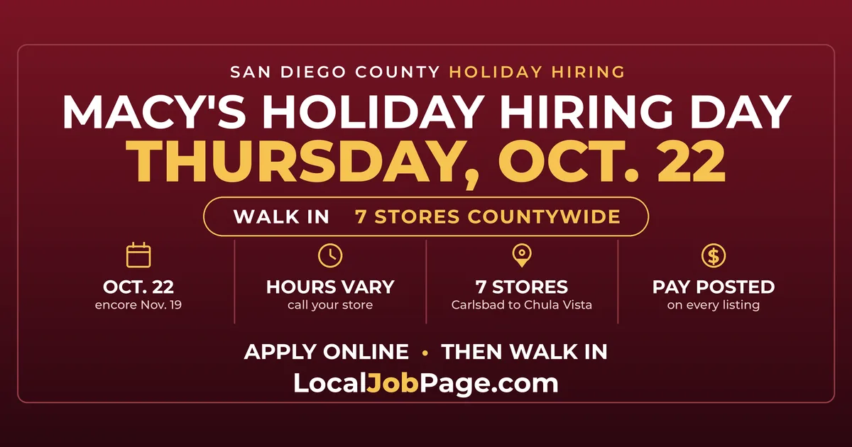Macy's Holiday Hiring Day Oct. 22: Walk In at Seven San Diego County Stores