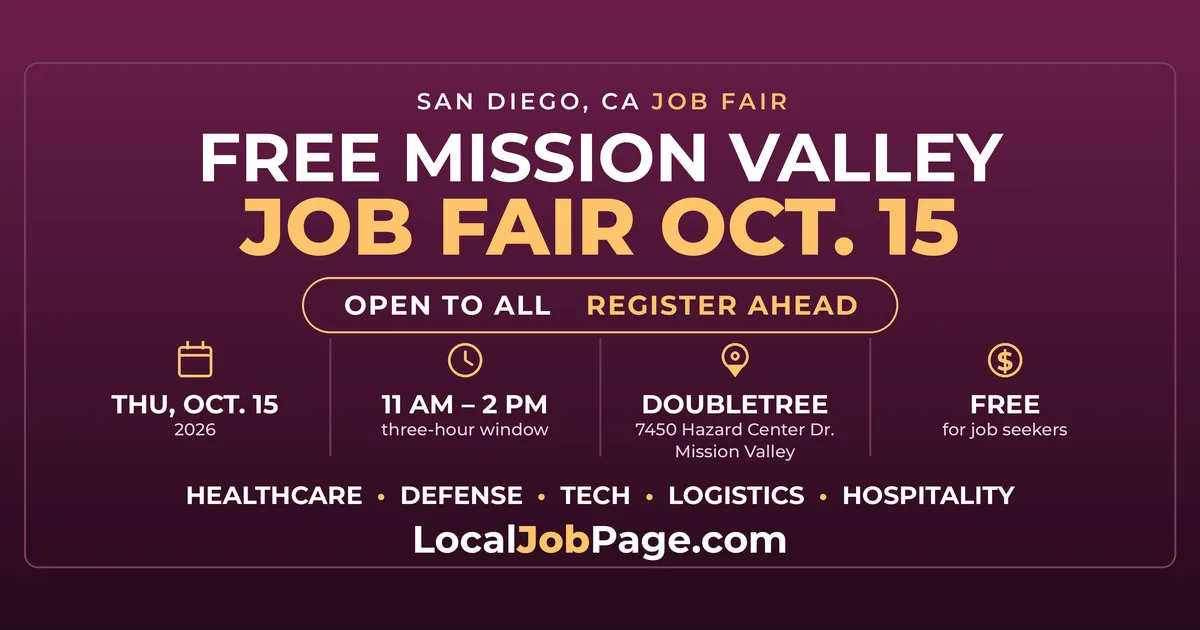 San Diego Job Fair October 15: Free Hiring Event in Mission Valley